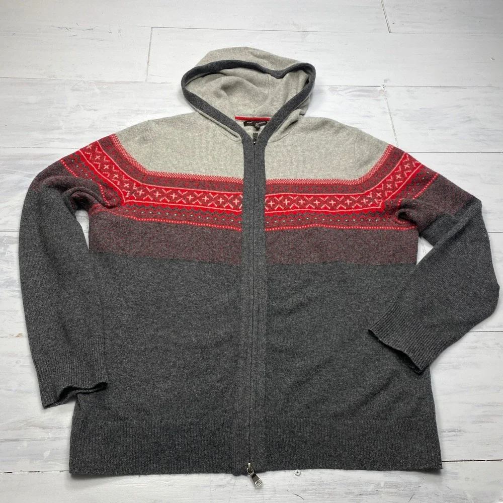 Banana Republic Merino Wool Fair Isle Hoodie Sweater Mens XL Grey Red Full Zip